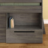 Loft Bed Twin, Solid Wood Low Loft Bed with Storage Drawer and Ladder, Modern Farmhouse Loft Bed for Kids, Driftwood