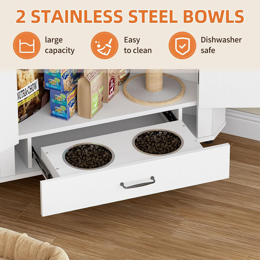 Farmhouse Dog Food Storage Corner Cabinet, Dog Feeding Station with 2 Hidden Bowls, Adjustable Panel, 4 Hooks, Pet