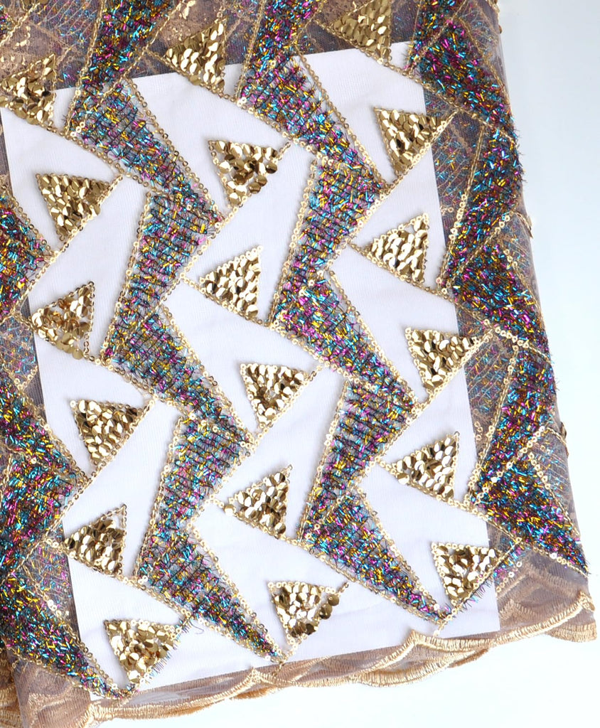 African Fabric Sequins Rope Embroidered Net Fabrics Geometric Pattern Base Fabric Color (Gray) for Party Dress 5 Yards
