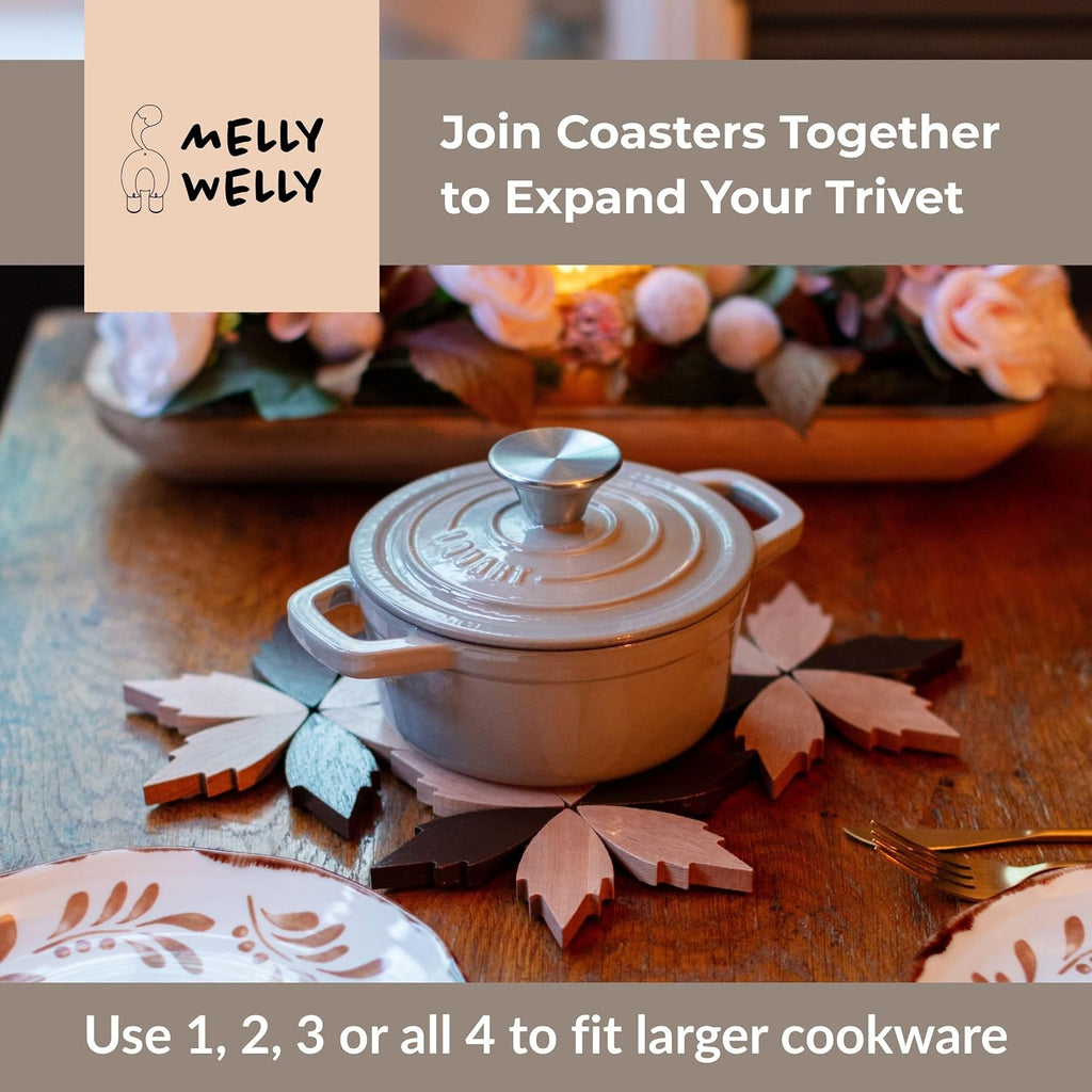 Expandable Wooden Tree Trivet Set - Modular Leaf Design, Non-Slip Silicone Base, Heat Resistant Pot Stand, Decorative
