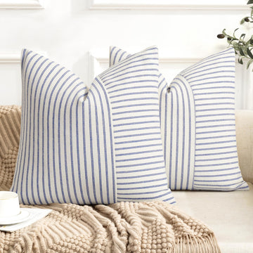 Farmhouse Euro Sham Pillow Covers 26x26, Modern Throw Pillow Covers Set of 2, Blue and Beige Striped Patchwork Linen