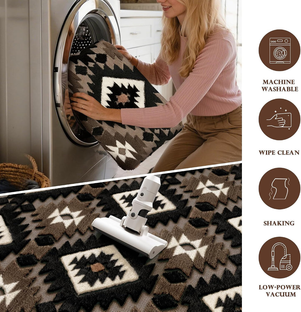 Brown Aztec 8x10 Area Rugs High-Low Plush Pile Western Washable Rug