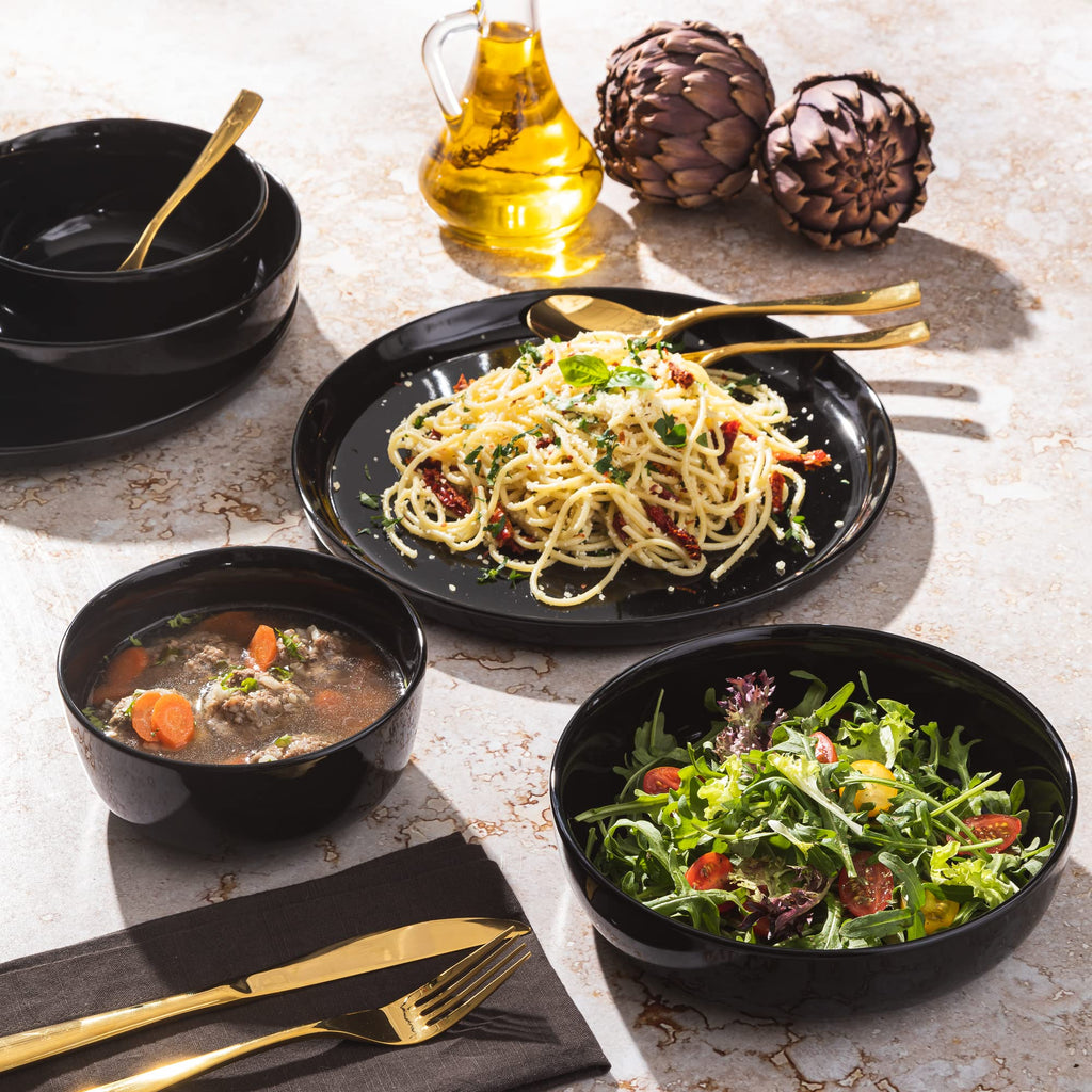Oslo 12-Piece Porcelain Chip and Scratch Resistant Dinnerware Set, Service for 4 - Black Plates and Bowls, Microwave