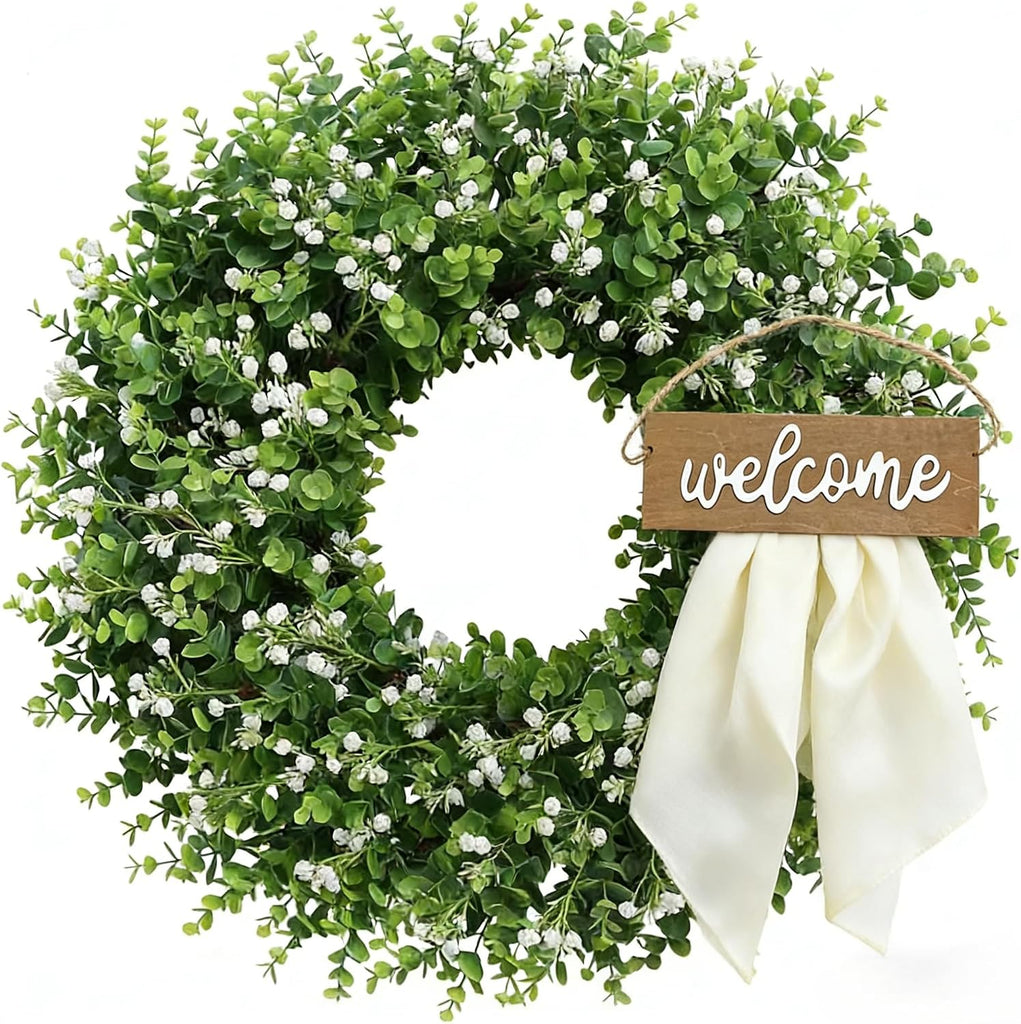 Artificial Boxwood Wreath for Front Door, Farmhouse Year Round Greenery Wreath, Indoor Outdoor with Hanging Tag