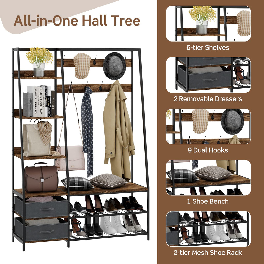 Hall Tree with Bench and Shoe Storage, Industrial Entryway Bench with Coat Rack, 2 Fabric Dressers, 6 Side Shelves, 9