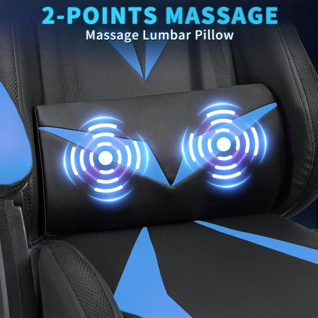 RGB Gaming Chair with Massage & Footrest Racing Style Computer Chair-Blue | Reclining Gamer Chair with LED Lights