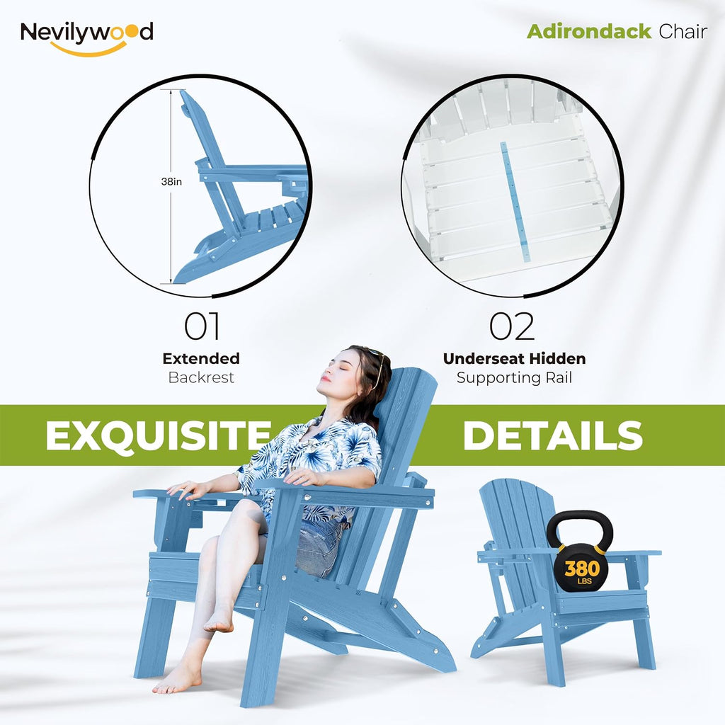 Folding Adirondack Chairs Set of 2, HDPE Cup Holders, Light Blue | Patent pinless folding design, 380lbs, Extended