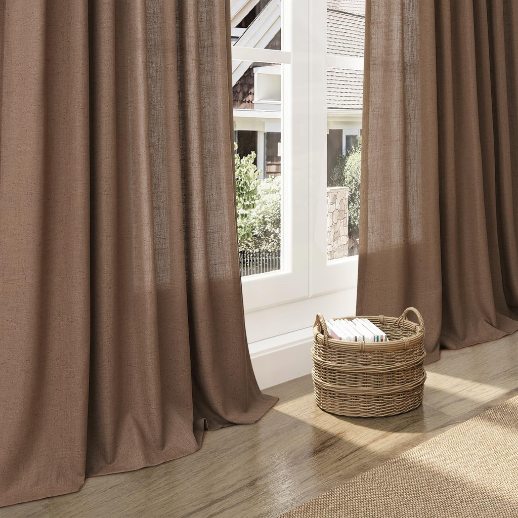 Caramel Brown Linen Curtains 84 Inches Long Back Tab Light Filtering Privacy Semi Sheer Drapes Modern Farmhouse Decor
