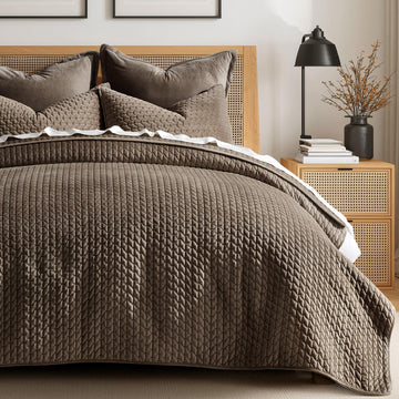 Cross-Stitch Velvet Quilt Set, Mushroom Brown