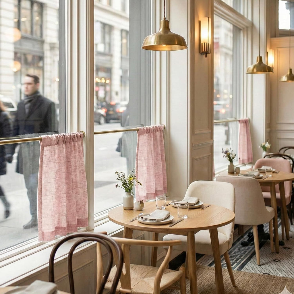 Pink Cafe Curtains for Girls Room, Rod Pocket & Back Tab Light Filtering Faux Linen Short Window Drapes Semi Sheer