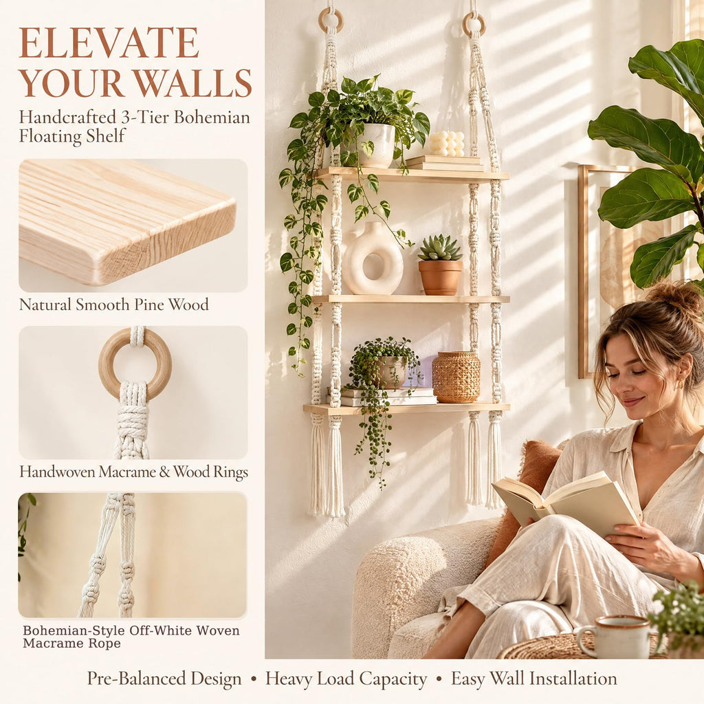 3-Tier Boho Hanging Shelves for Wall - Rustic Floating Wood Shelves with Rope, Macrame Plant Shelf Organizer Decor