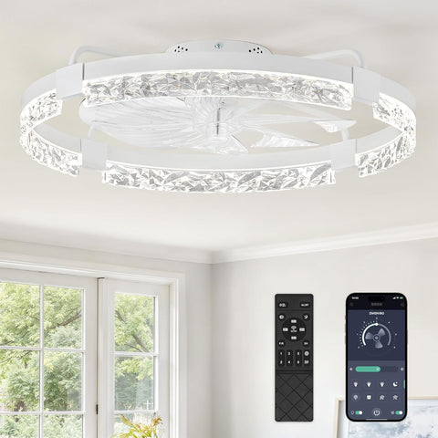 24 Inch Flush Mount Ceiling Fan with Light, Bladeless Low Profile Enclosed Fan Kids Room