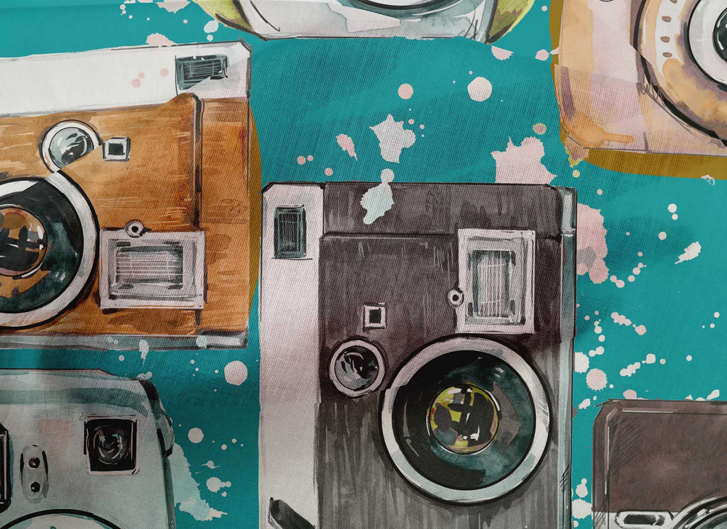 Cotton Cambric Teal Green Fabric Camera Pattern DIY Clothing Quilting Fabric Print Fabric By Yard 42 Inch Wide