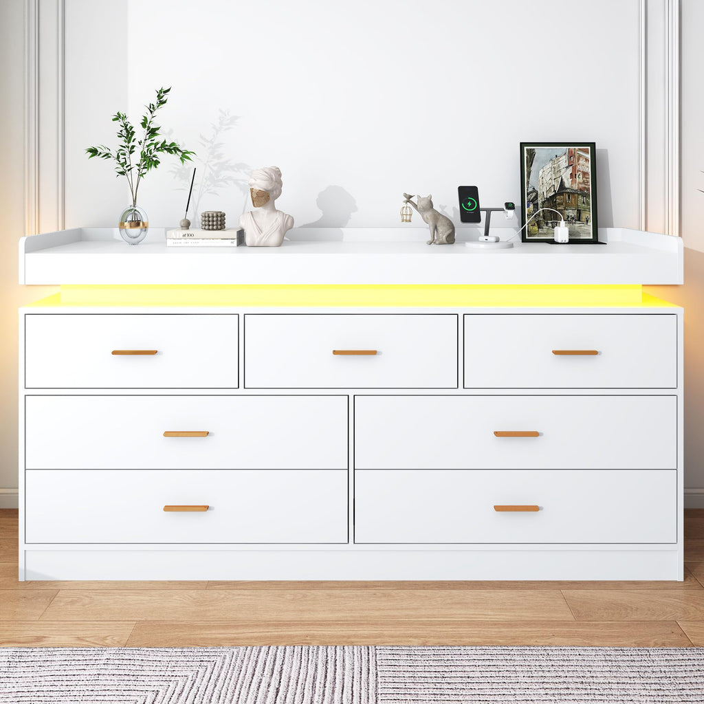 7 Drawer Dresser with Charging Station and LED Lights, Modern Chest of Drawers with Power Outlet, Organizer Cabinet