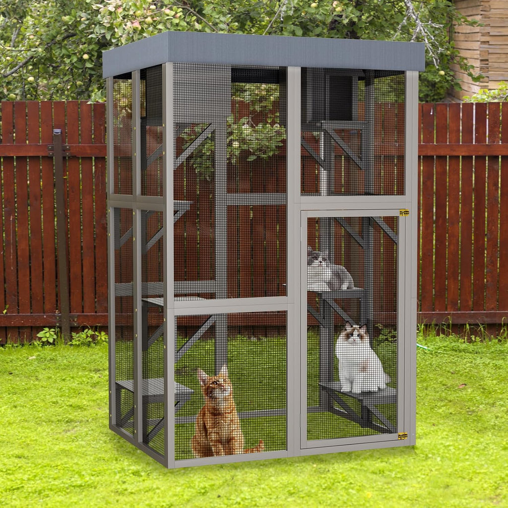 62.6" Outdoor Wooden Cat House Large Catio, Solid Wood Cat Cage Shelter Enclosure Playpen with Anti-UV& Waterproof, 5