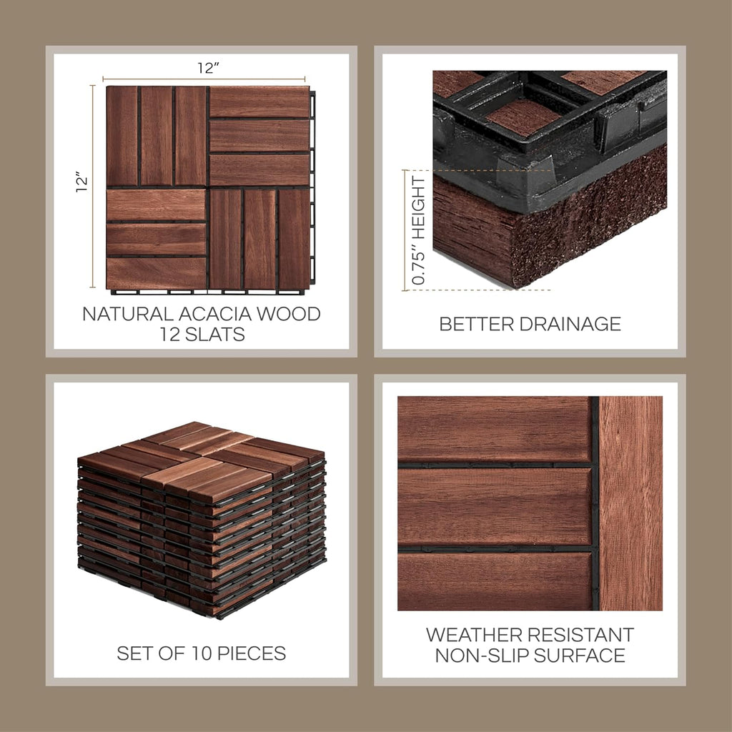 Premium Deck Tiles, Patio Flooring - Set 10 Pcs 12”x12”x0.9” Interlocking Deck Tiles, Waterproof Acacia Wood for