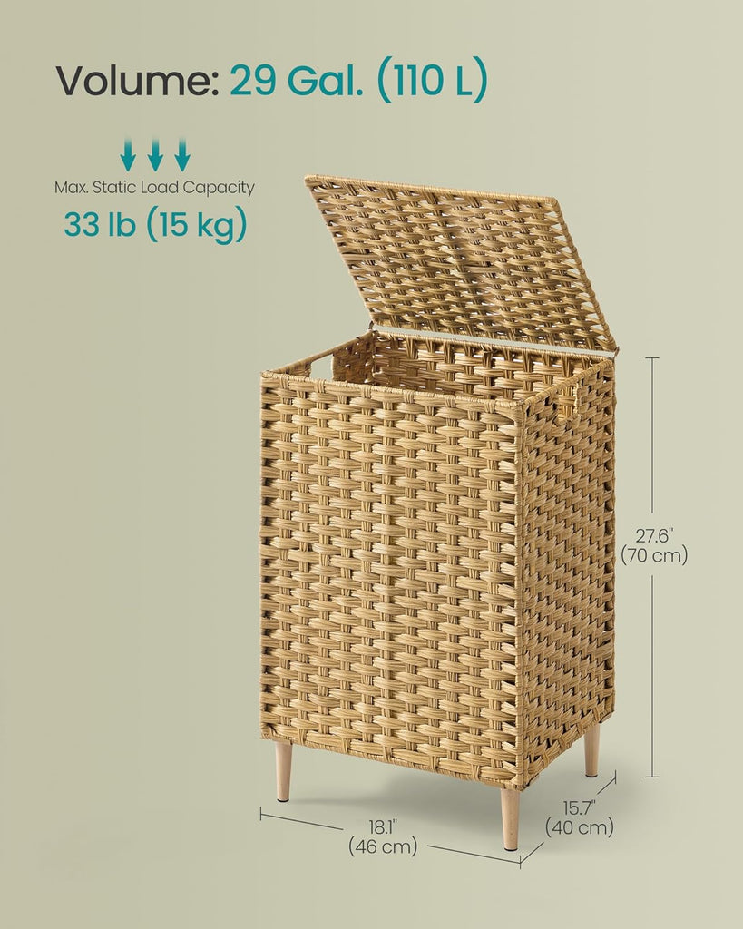 2-Section Laundry Hamper with Lid, 29 Gal (110L) PE Rattan Laundry Basket with Removable Washable Liners, Goose