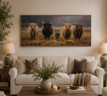 Framed Highland Cow Family Farmhouse Canvas Wall Art 16x32 Inch