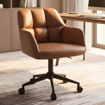 Brown Home Office Desk Chair with Wheels Faux Leather Swivel Desk Chair Upholstered Adjustable Task Armchair for