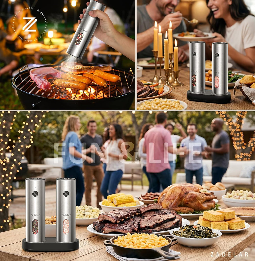 Rechargeable Electric Salt and Pepper Grinder Set with USB-C Charging Base, Stainless Steel Automatic Salt and Pepper - Set of 2