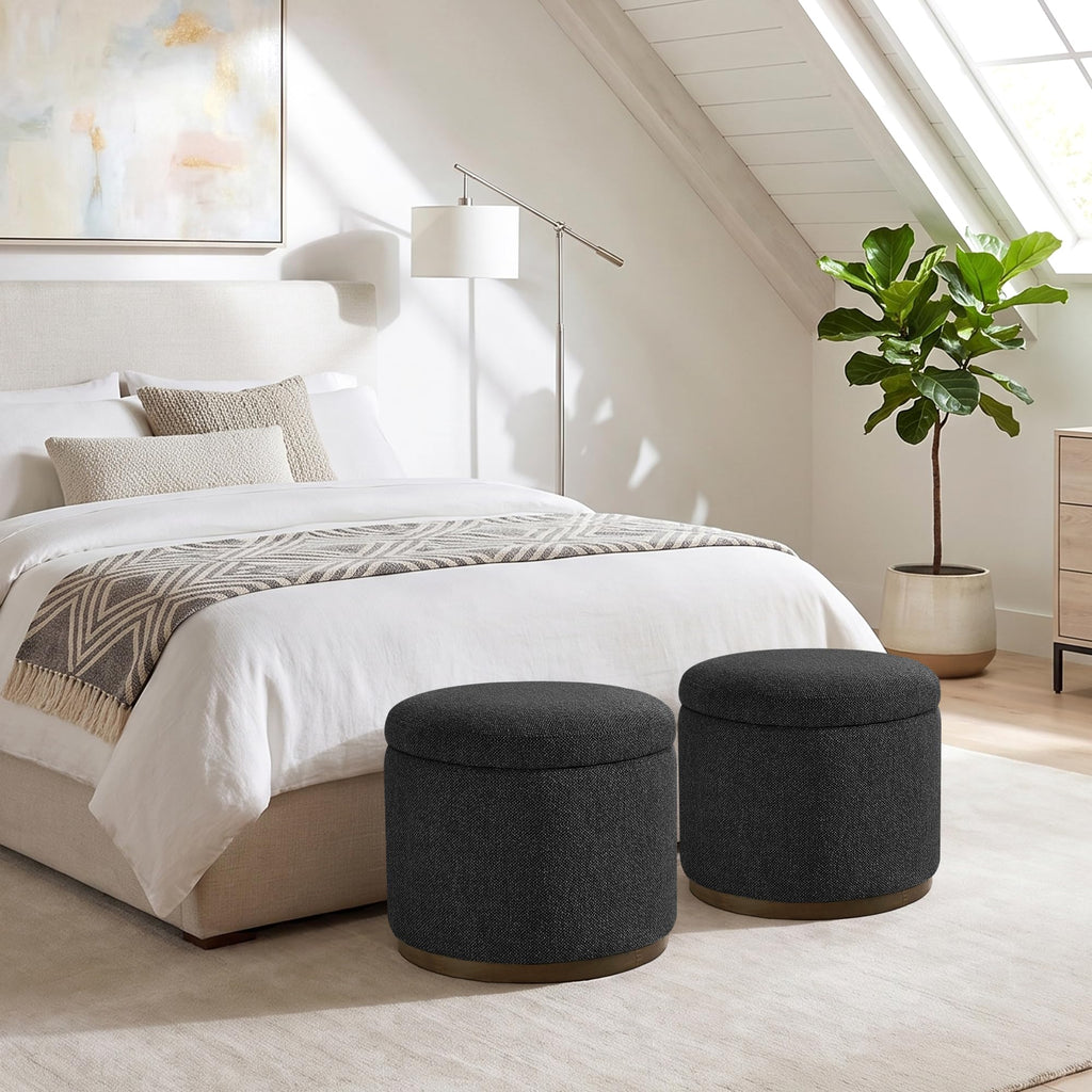 Round Storage Ottoman, 20" Boucle Ottoman Foot Rest Stool(Dark Grey)