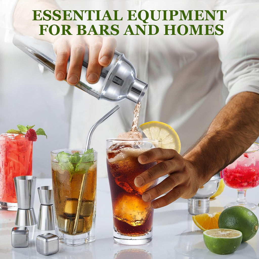 Cocktail Shaker Set, Bartender Kit with Stand 25oz Sliver - Set of 23