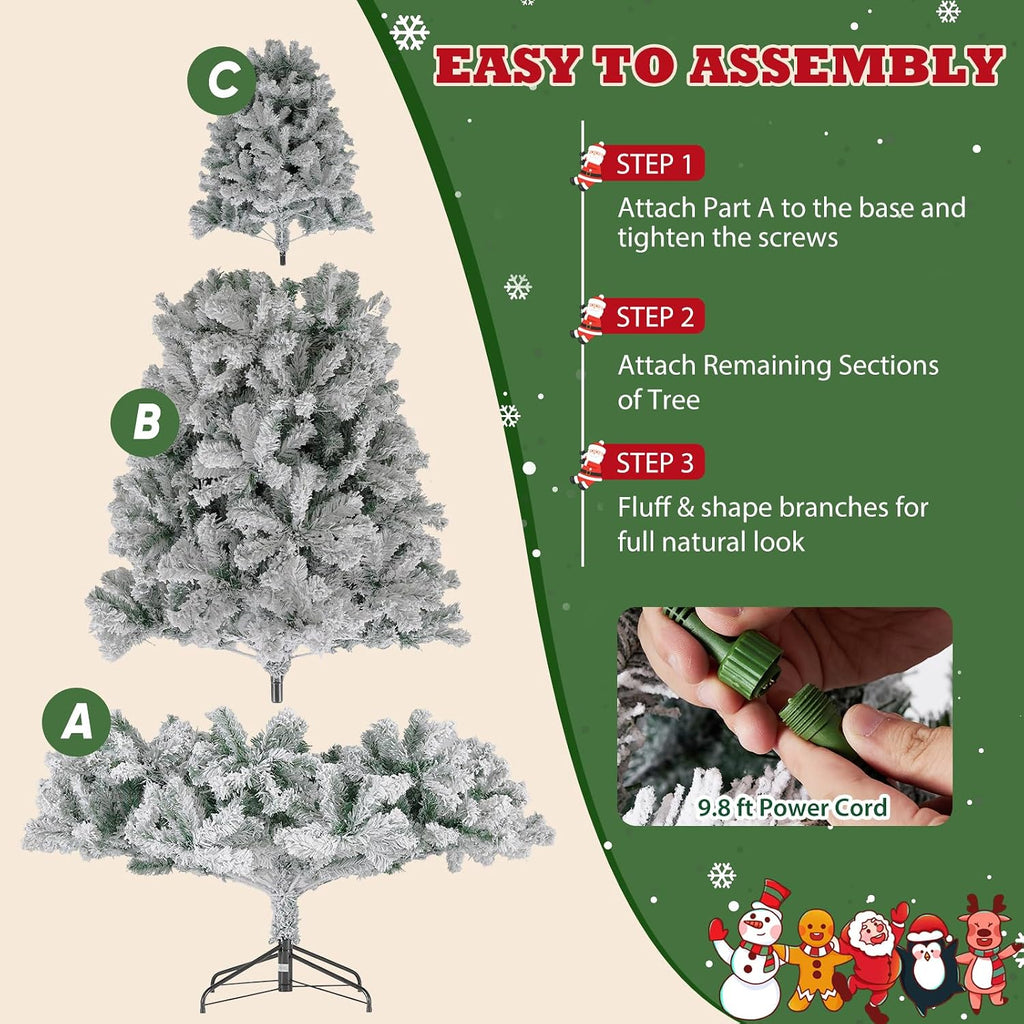 Pre-Lit Snow Flocked Christmas Tree, Artificial Xmas Tree