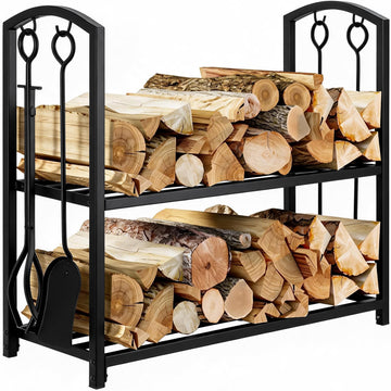 Firewood Rack with 4-Piece Fireplace Tools, Indoor Outdoor