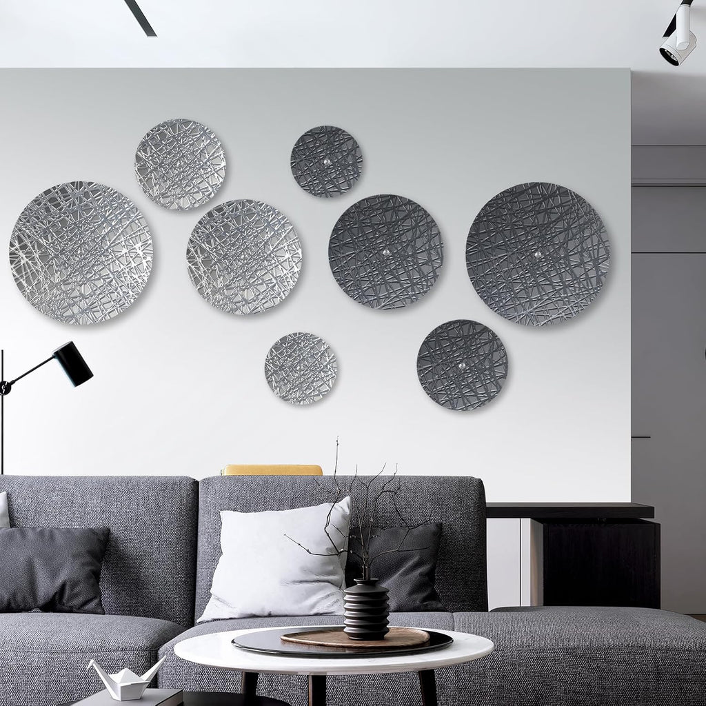 Metal Wall Hanging Sculptures Modern Round Silver Blue Wall Art - Set of 8