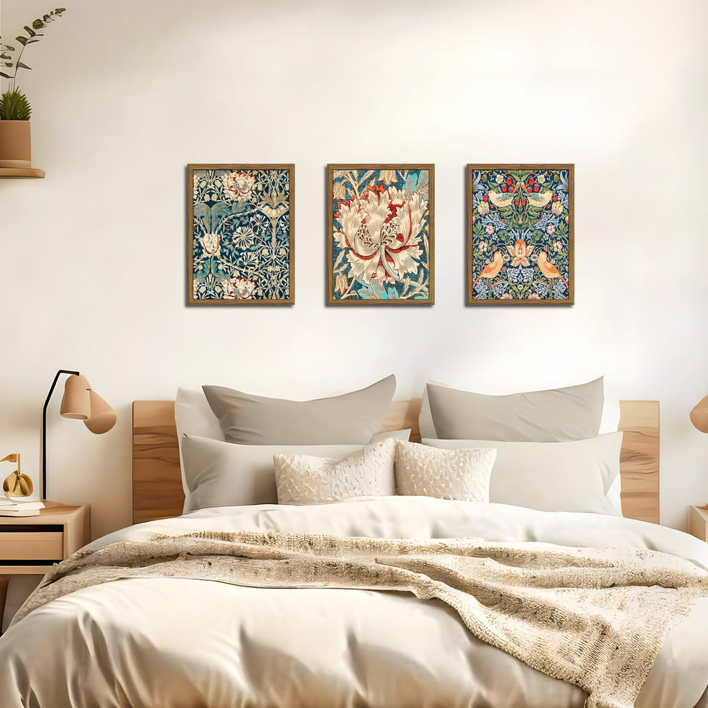 Wood Frame William Morris Wall Art Set of 3, Vintage Botanical Floral Canvas Wall Decor Painting, Farmhouse Artwork