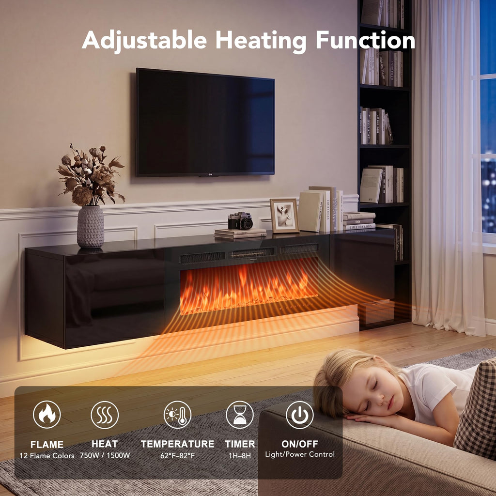 80" Floating TV Stand, Wall-Mounted Entertainment Center with 40" Electric Fireplace, Fits TVs Up to 90 Inches, Media