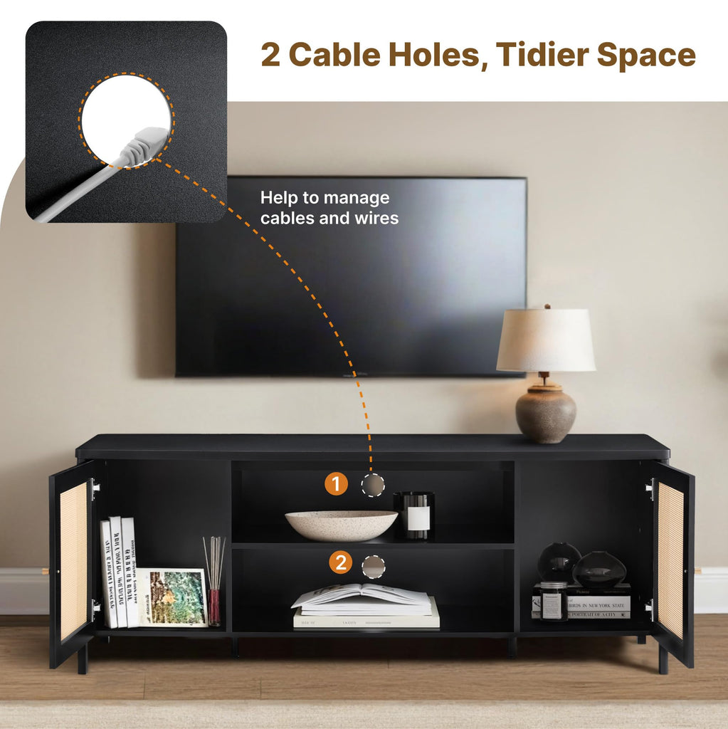 Rattan TV Stand for TVs up to 75'' Boho Entertainment Center with Adjustable Shelf Television Stand with 2 Storage