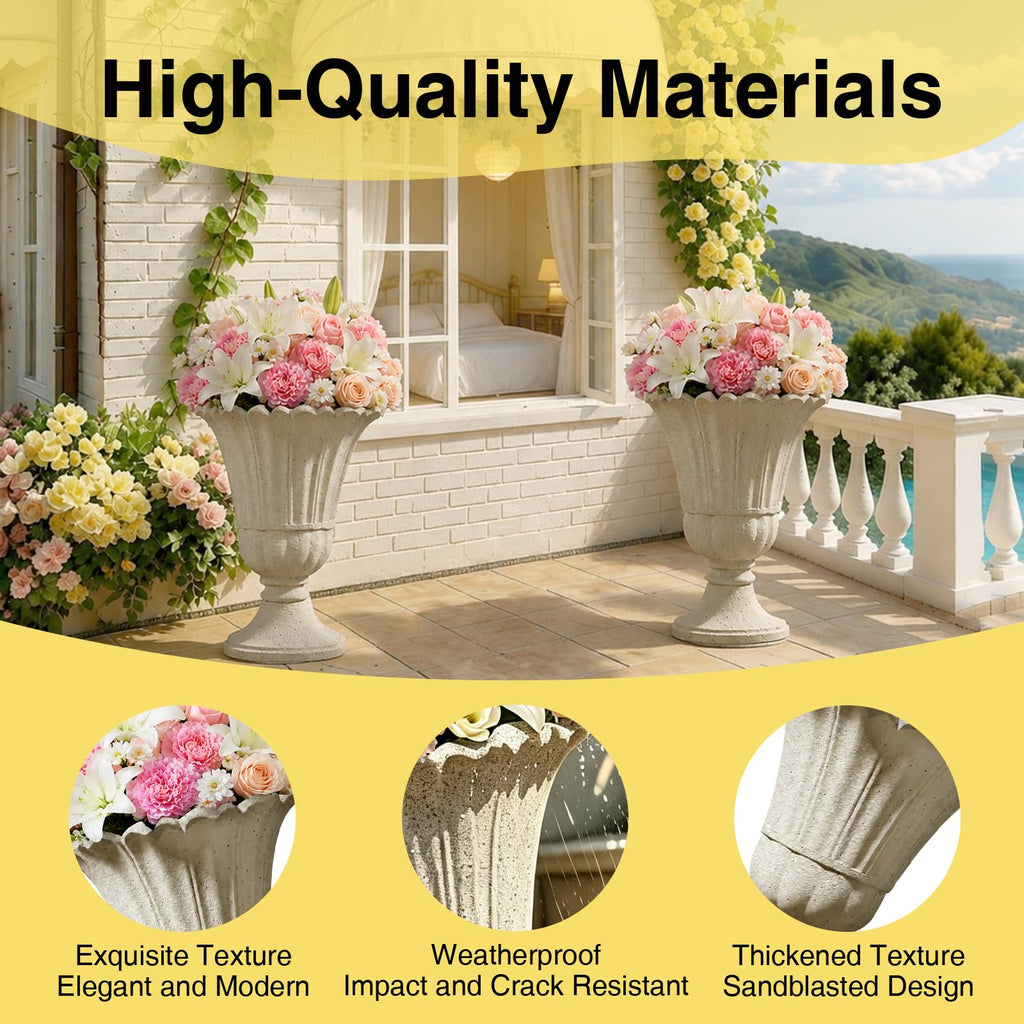 24" Tall Urn Planters for Outdoor Plants Set of 2 - Beige Petal