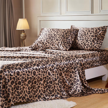Satin Sheets California King Size Sheet Set, Brown Leopard, 4 Pieces