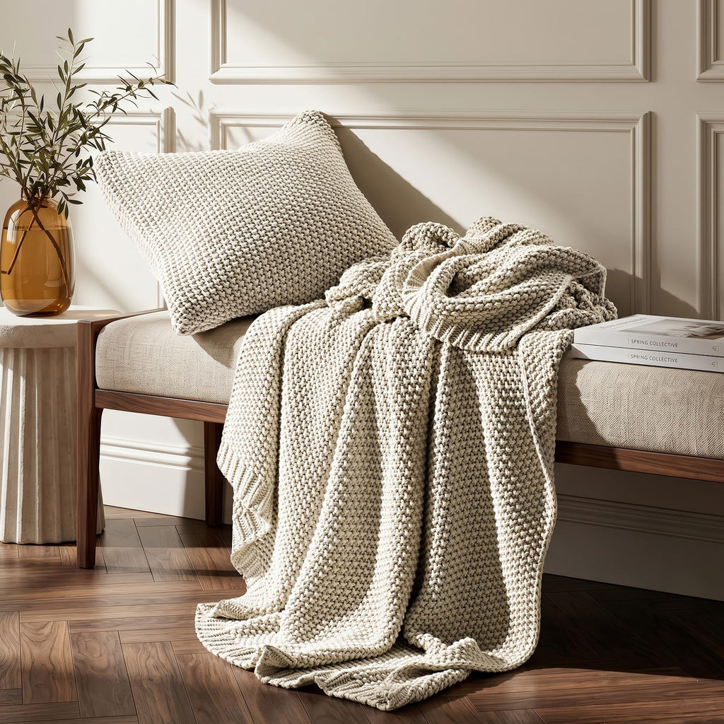 Organic Cotton Chunky Knit Throw Blanket, 50 x 60 Birch