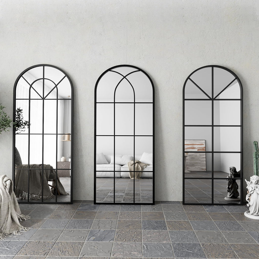 Floor Full Length Mirror, Arch Top Window Pane Mirror, 56"x22" Black