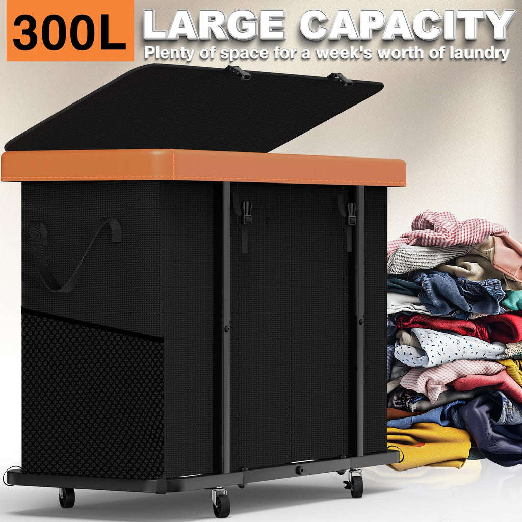 Basket with Wheels, 300L Leather Patchwork Laundry Sorter 4 Section