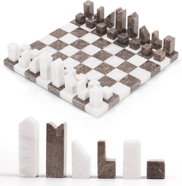 Modern Chess Set - Handcrafted Borderless Marble Chess Board with Minimalist Geometric Pieces, Luxury Decorative