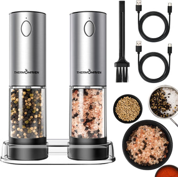 Electric Salt and Pepper Grinder Set, 110ml Larger Rechargeable Automatic Salt and Pepper Mill Grinder with 6 - Set of 2