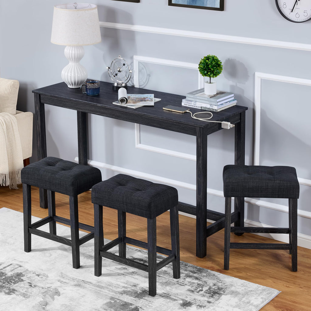 4 Piece Bar Table Set with Power Outlet, Industrial Breakfast Table with 3 Padded Stools Solid Wood Counter Height