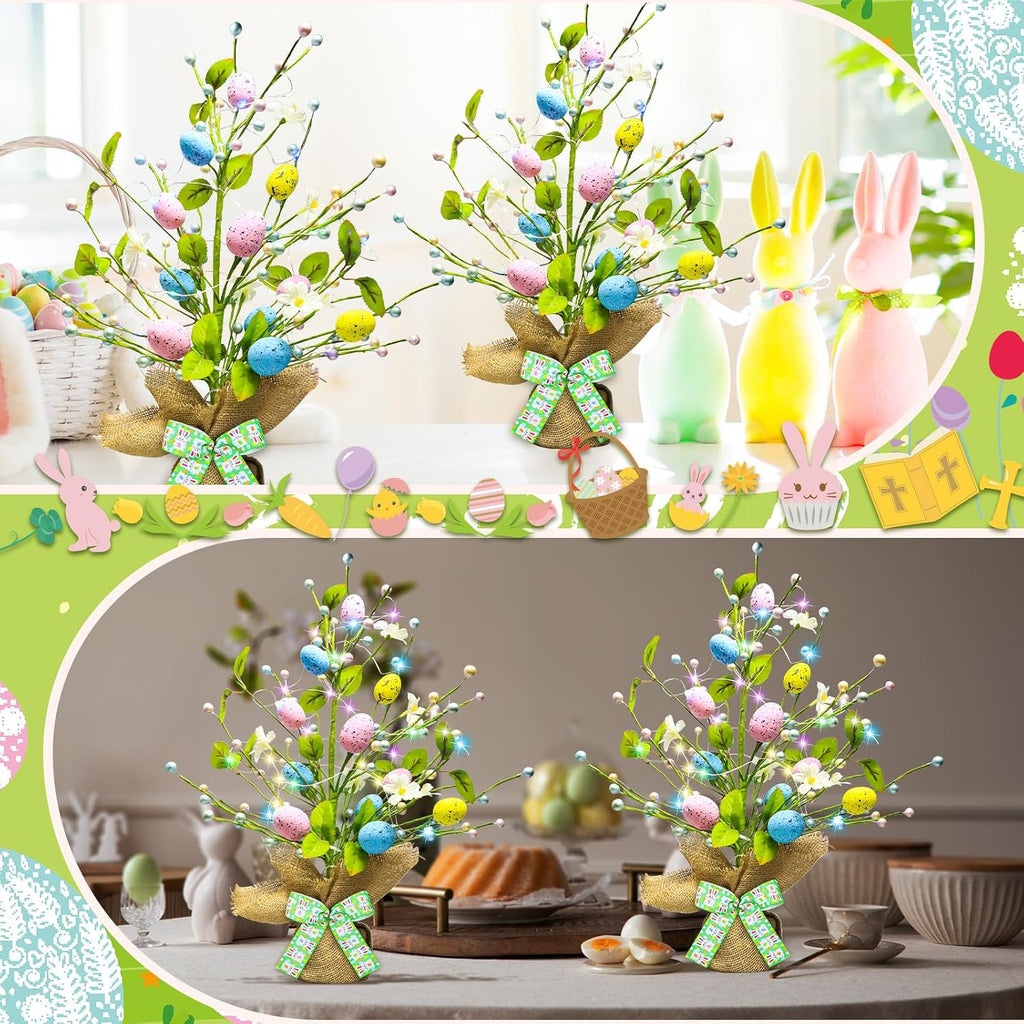 Lighted Easter Decorations 20'' Egg Tree for Tabletop Decor, Timer Egg Tree Ornaments, Easter Artificial Tree