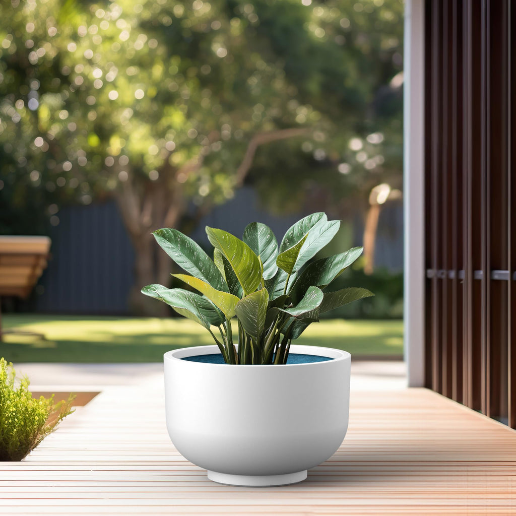 Accent Round Pedestal White Concrete Planter 17.7" Dia, Outdoor
