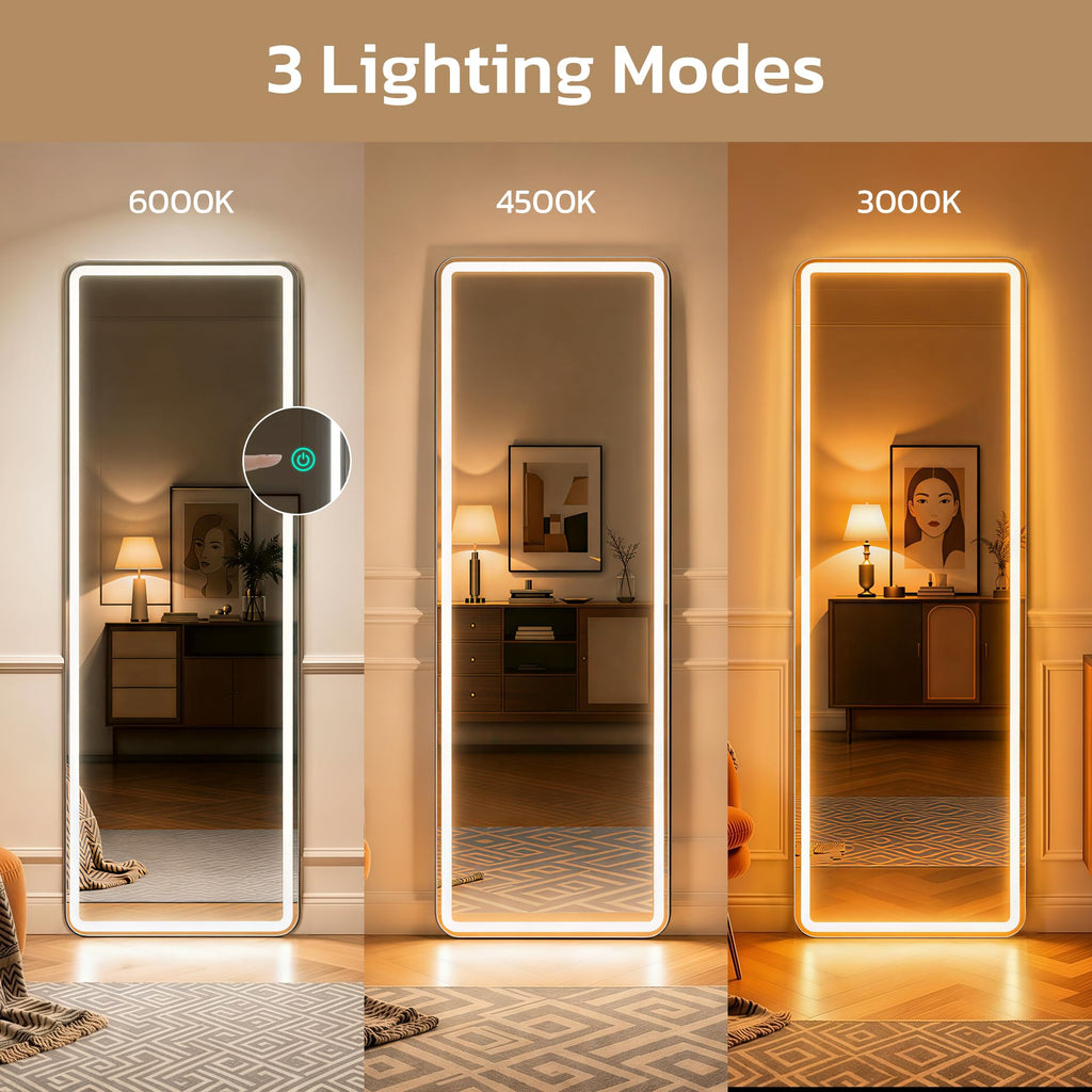 64"x21" Full Length Mirror with LED Lights, Hanging Mounted Mirrors, Aluminum Frame Mirrors with Dimming & 3 Color