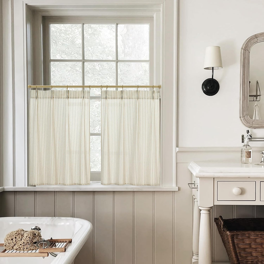 Kitchen Window Curtains Over Sink 24 Inch Length Sets,Rustic Country Pinch Pleated Linen Cafe Small Window Curtain
