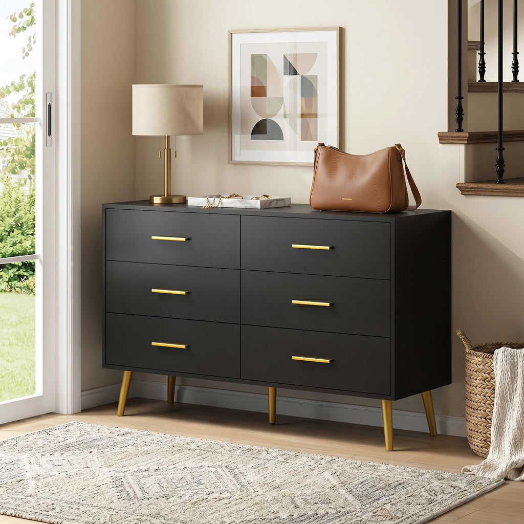 Black 6 Drawer Dresser, 47" Wood Dresser with Gold Handles