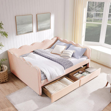 Daybed Queen Size with Two Storage Drawers,Gingham Upholstered Day Bed Frame Queen with USB Port & Wave Shaped