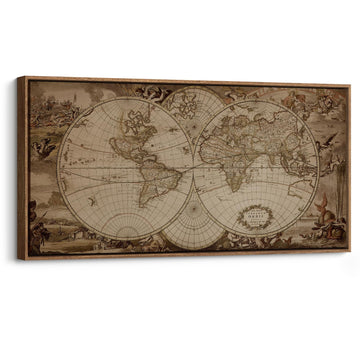 Extra Large Framed Wall Art Canvas Print - Vintage World Map Antique Global Exploration - Contemporary Artwork