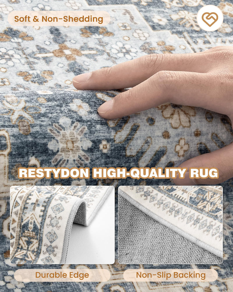 Runner Rug 2x8 Runners s Non Slip Washable, Blue/Beige