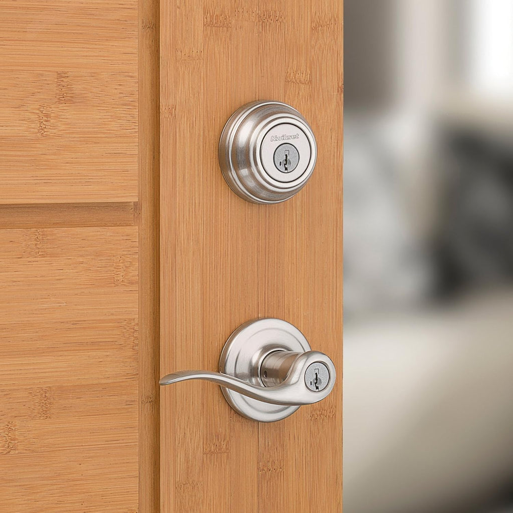 991 Tustin Entry Lever and Single Cylinder Deadbolt Combo Pack featuring SmartKey in Satin Nickel - Door Lever