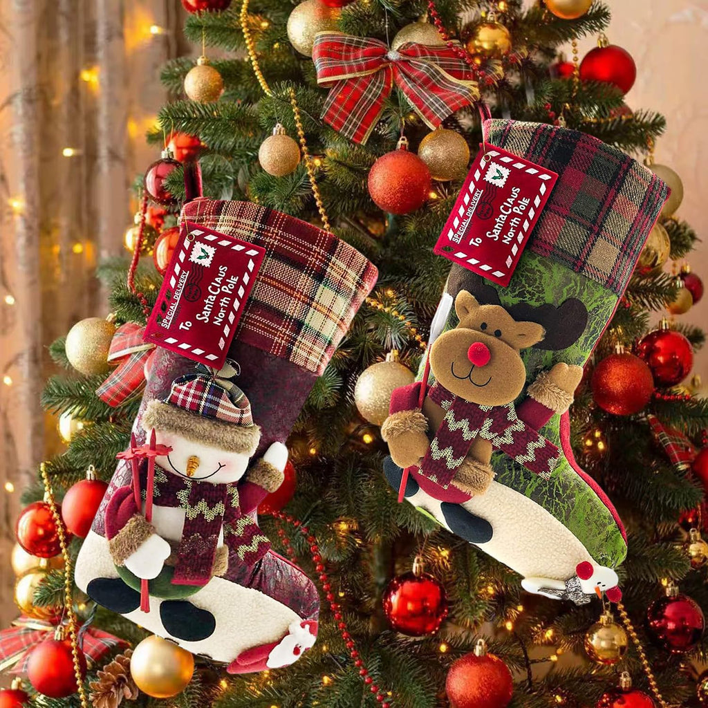 21 inch Plaid Christmas Stockings Deer, Bear, Animal One Piece, Felt Large Plush 3D Reindeer Snowman Design Hanging